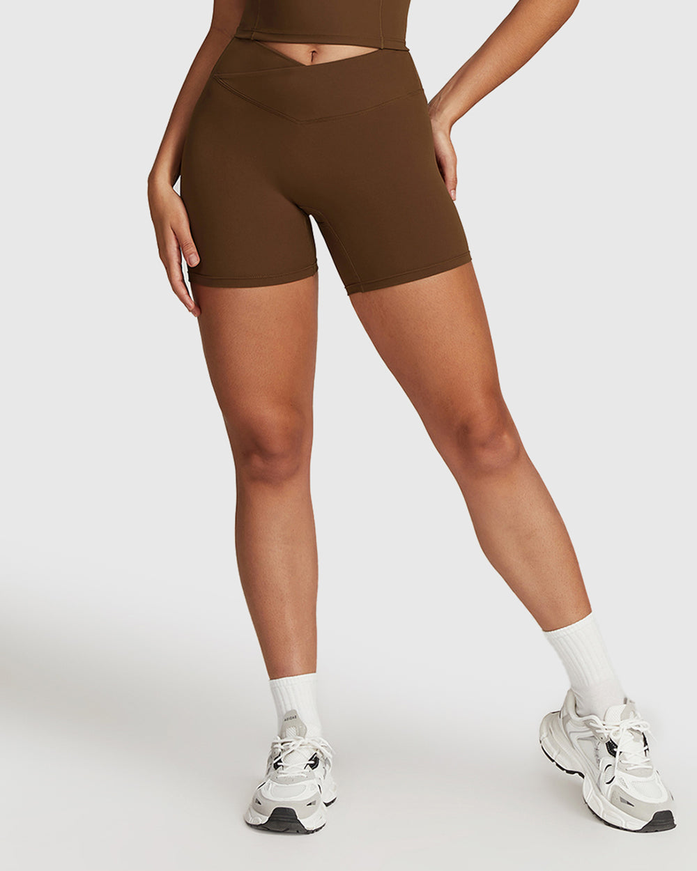 Brown Seamless Crossed High Waist Shorts