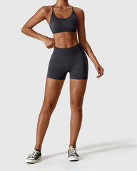Dark Gray High Waist Shorts & Cross Back Strappy Bra Set
