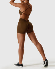 Coffee Brown High Waist Shorts & Cross Back Strappy Bra Set