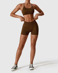 Brown High Waist Shorts & Cross Back Strappy Bra Set
