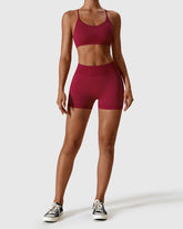 Red High Waist Shorts & Cross Back Strappy Bra Set