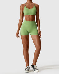Green High Waist Shorts & Cross Back Strappy Bra Set