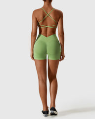 Light Green High Waist Shorts & Cross Back Strappy Bra Set