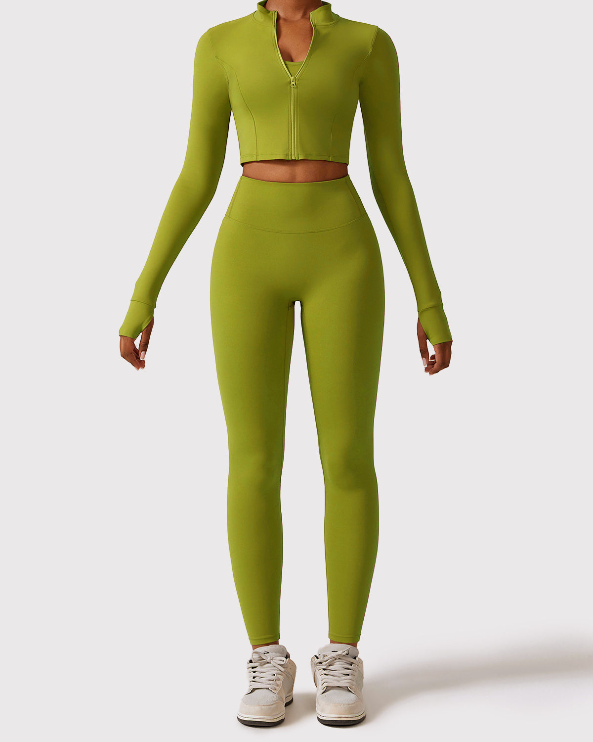 Matcha Green Full Length Leggings & Scoop Neck Bra With Jacket