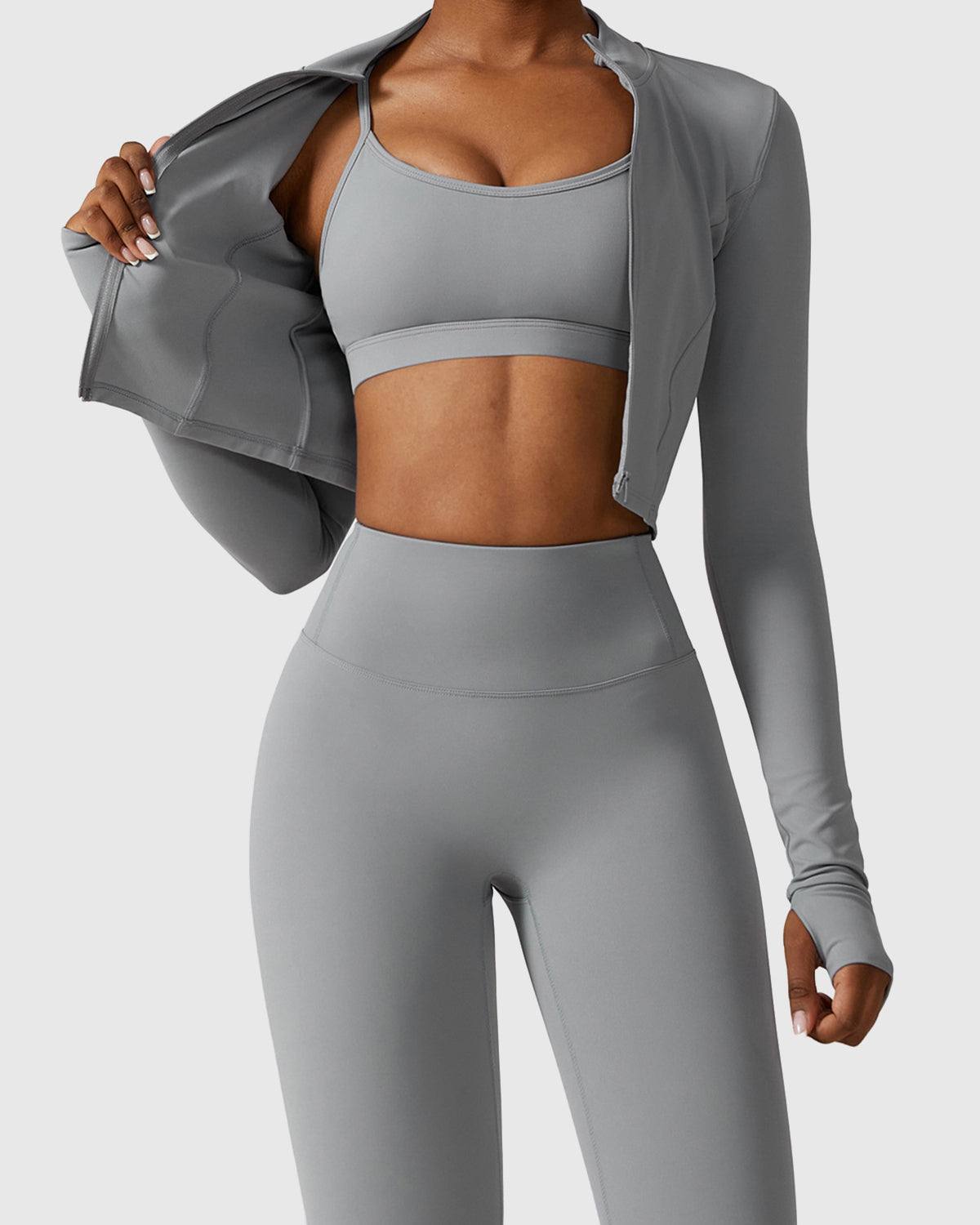 Light Grey Scoop Neck Bra & Long Sleeve Jacket