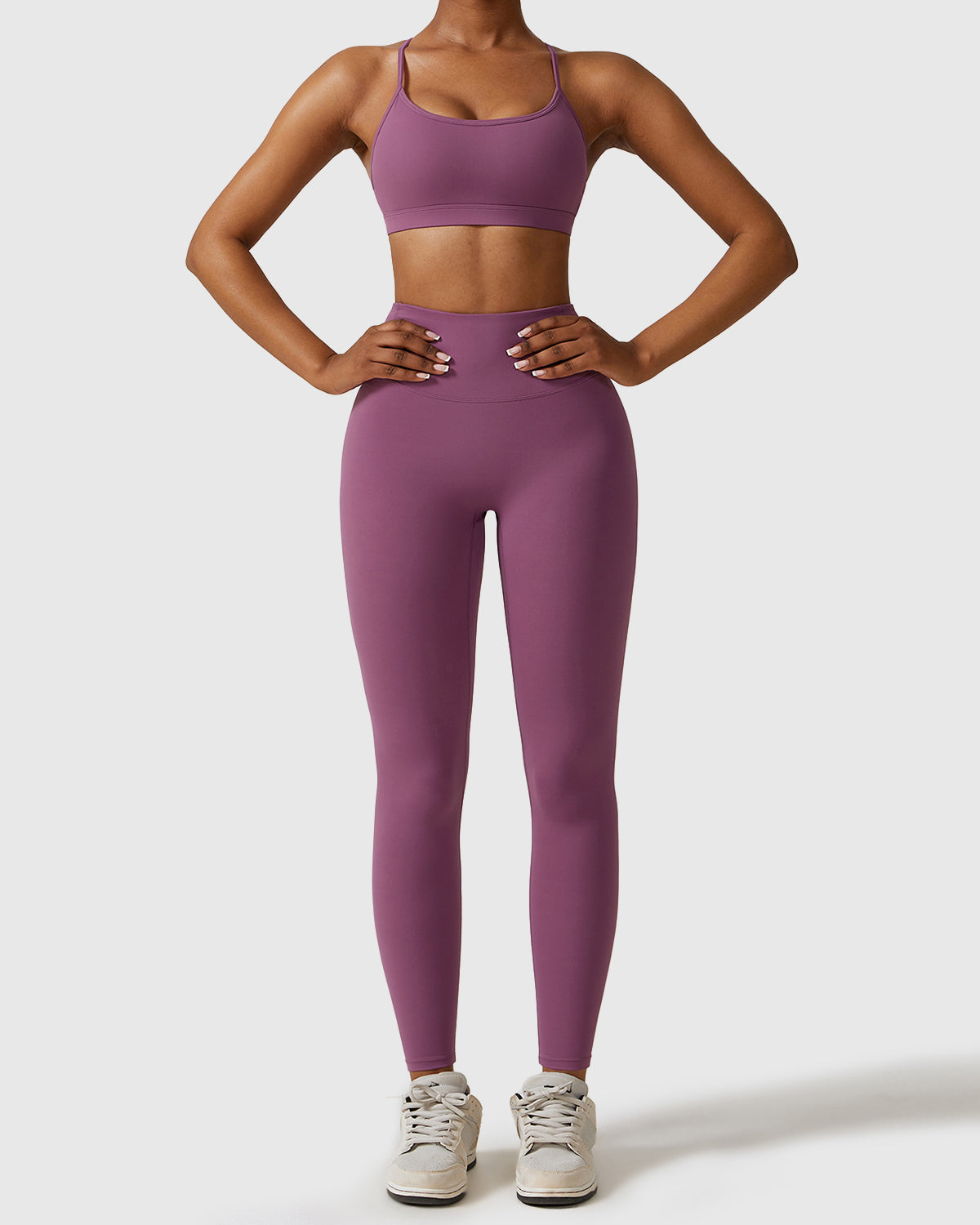 Purple Full Length Leggings & Strappy Cross Back Bra 