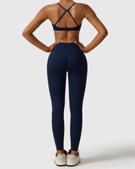 Blue Full Length Leggings & Strappy Cross Back Bra 