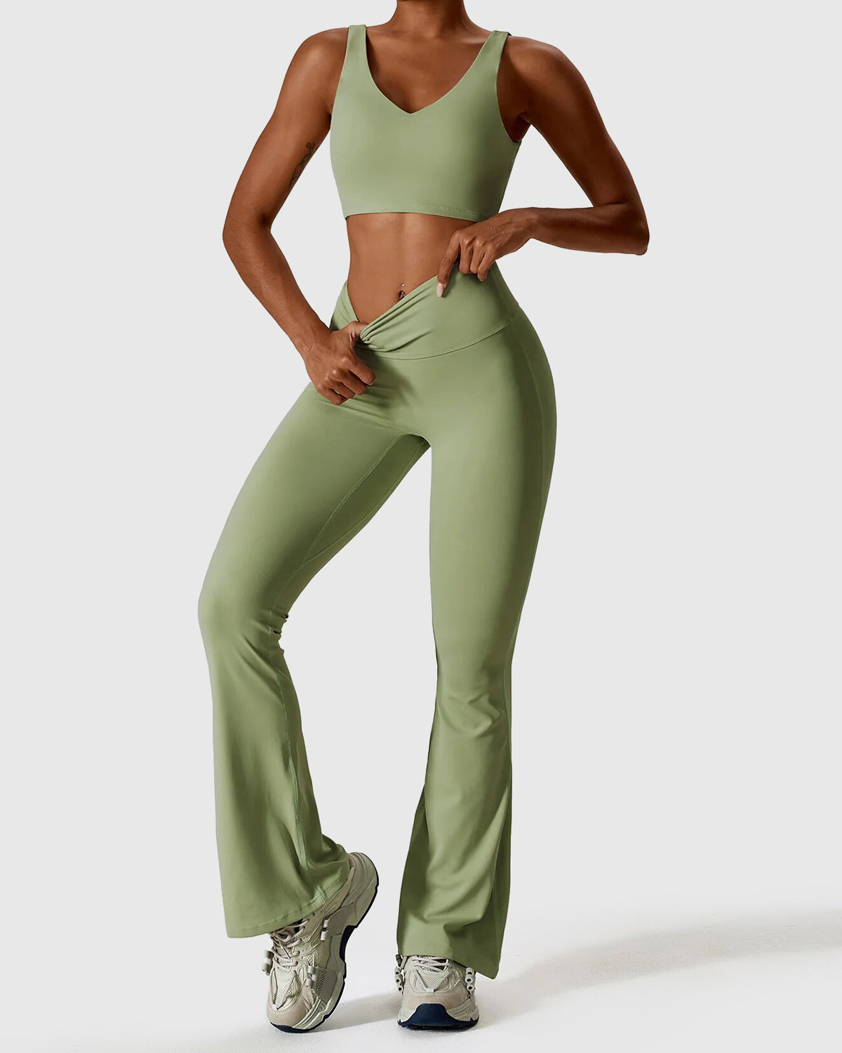 Green High Waist Flare Leggings & Crop Top Set