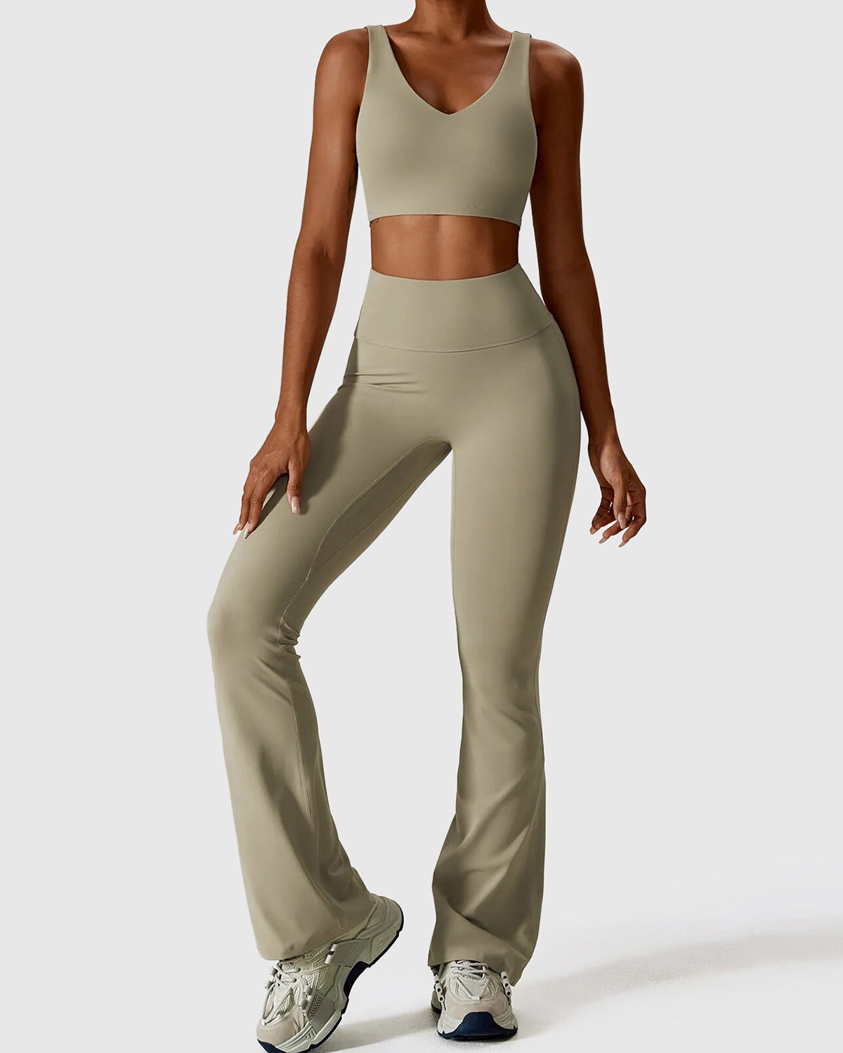 Camel Brown High Waist Flare Leggings & Crop Top Set