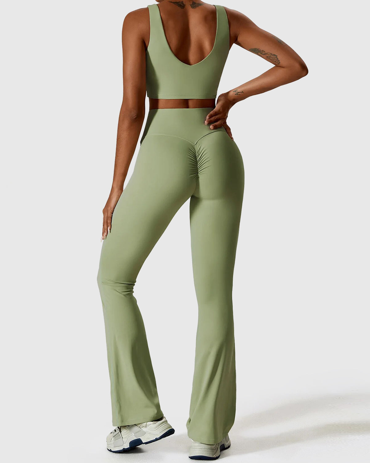 Bean Green High Waist Flare Leggings & Crop Top Set