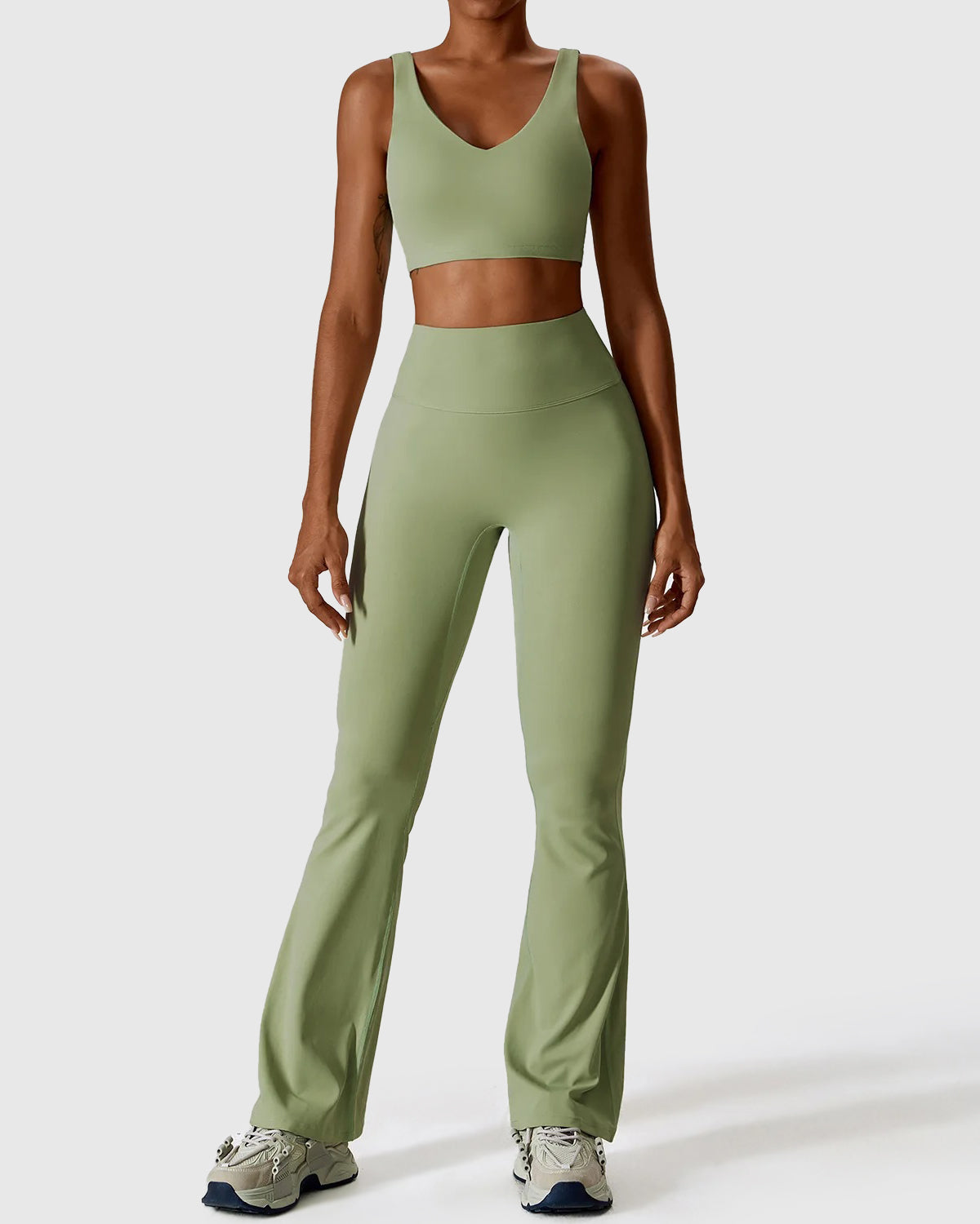 Yoga Bean Green High Waist Flare Leggings & Crop Top Set