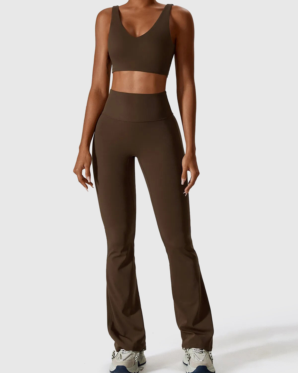 Jiaocha Coffee High Waist Flare Leggings & Crop Top Set