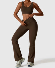 Coffee Brown High Waist Flare Leggings & Crop Top Set