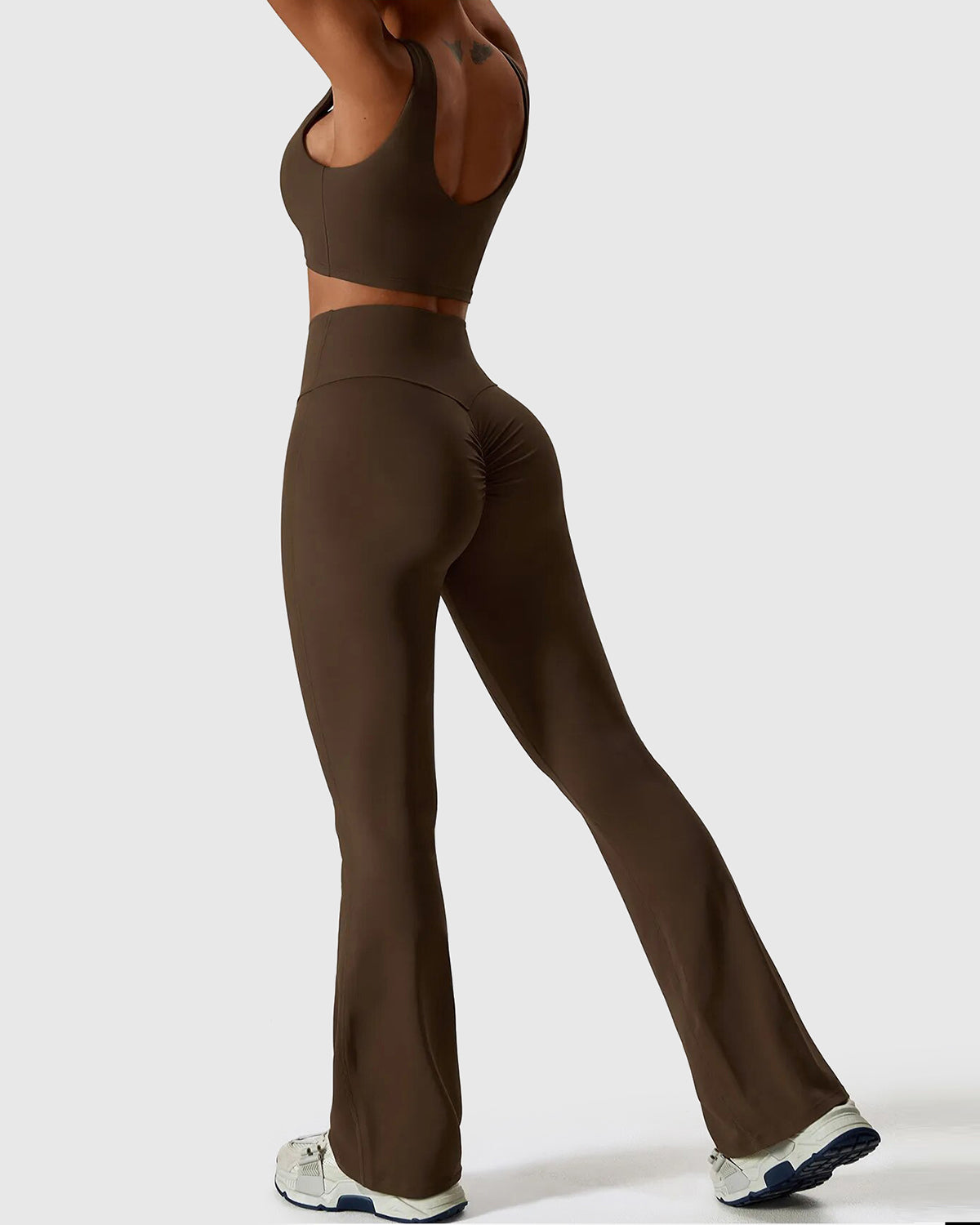 Brown High Waist Flare Leggings & Crop Top Set