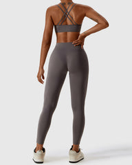 Dark Grey High Waist Leggings & Cross Back Strappy Bra