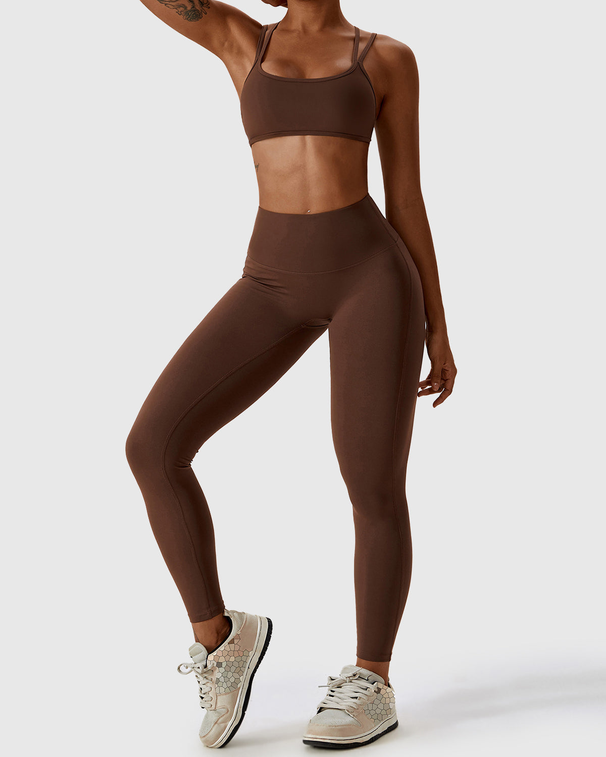 Coffe Brown High Waist Leggings & Cross Back Strappy Bra