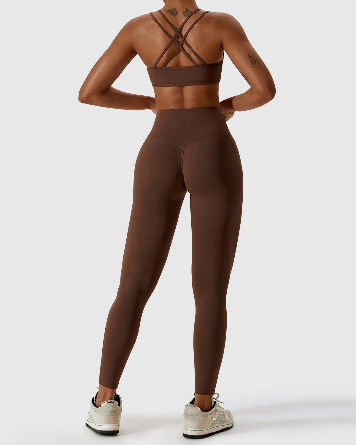 Brown High Waist Leggings & Cross Back Strappy Bra