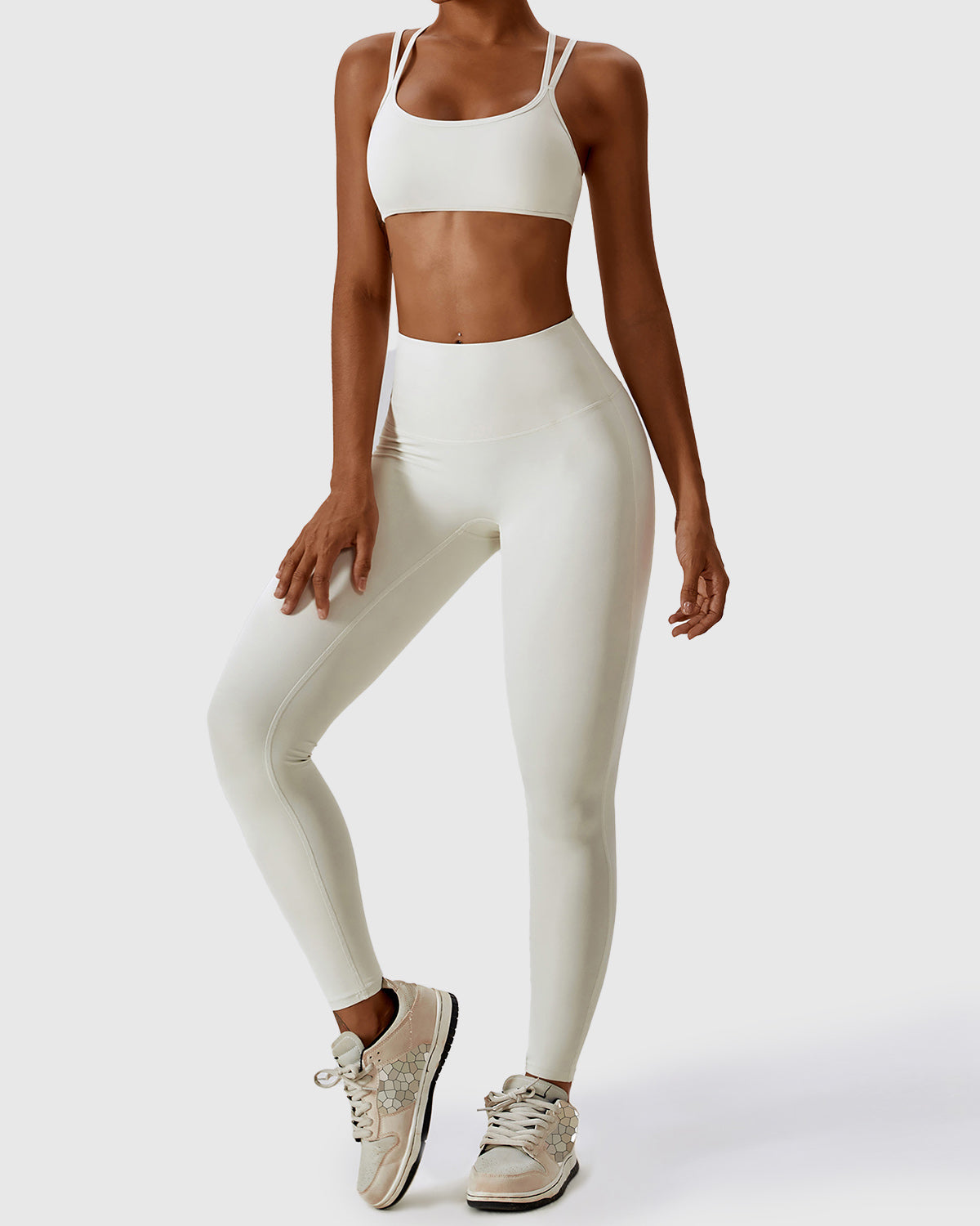 Cream Apricot High Waist Leggings & Cross Back Strappy Bra