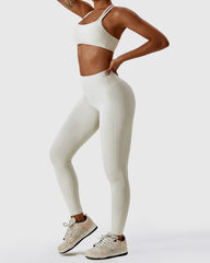 Cream High Waist Leggings & Cross Back Strappy Bra