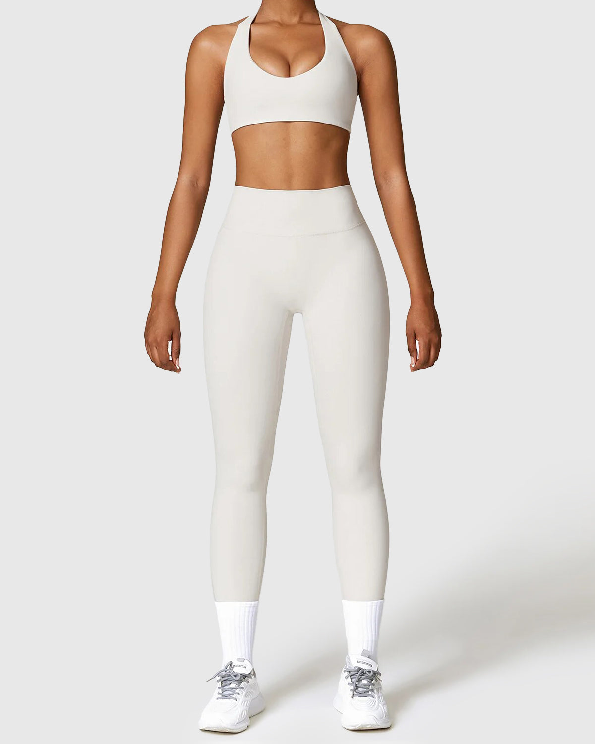 Pearl White High Waist Leggings & Halter Neck Bra