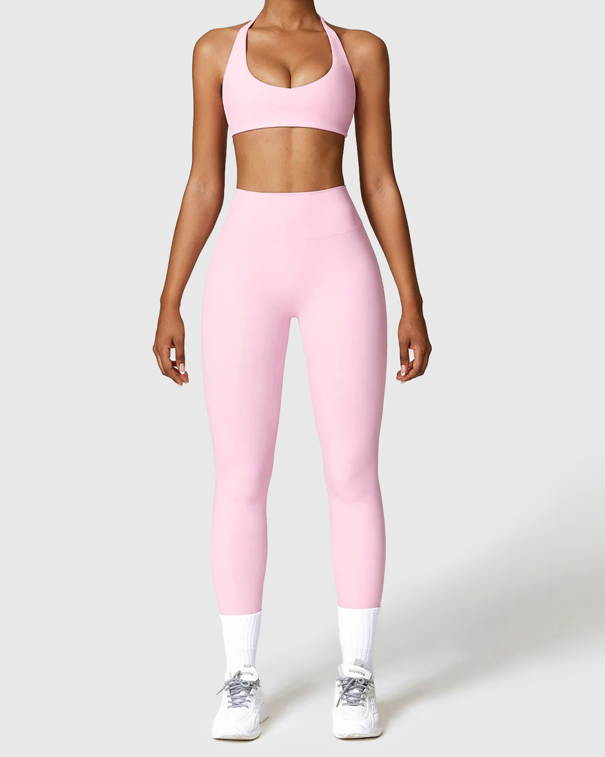 Pink High Waist Leggings & Halter Neck Bra