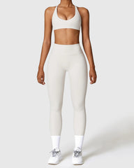 Pearl White High Waist Leggings & Strappy Cross Back Bra