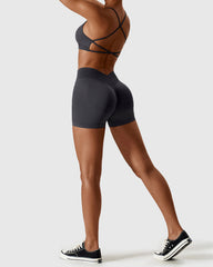 Deep Gray High Waist Shorts & Cross Back Strappy Bra Set 