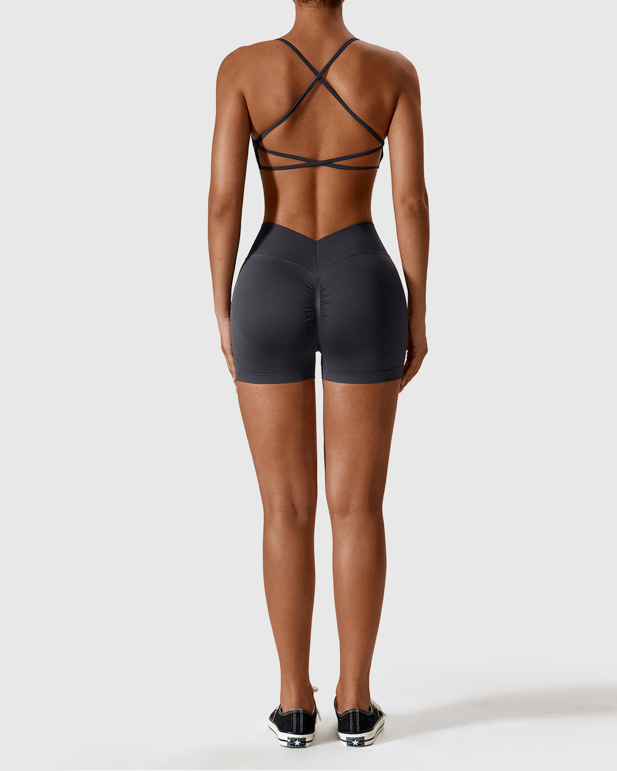 Gray High Waist Shorts & Cross Back Strappy Bra Set 