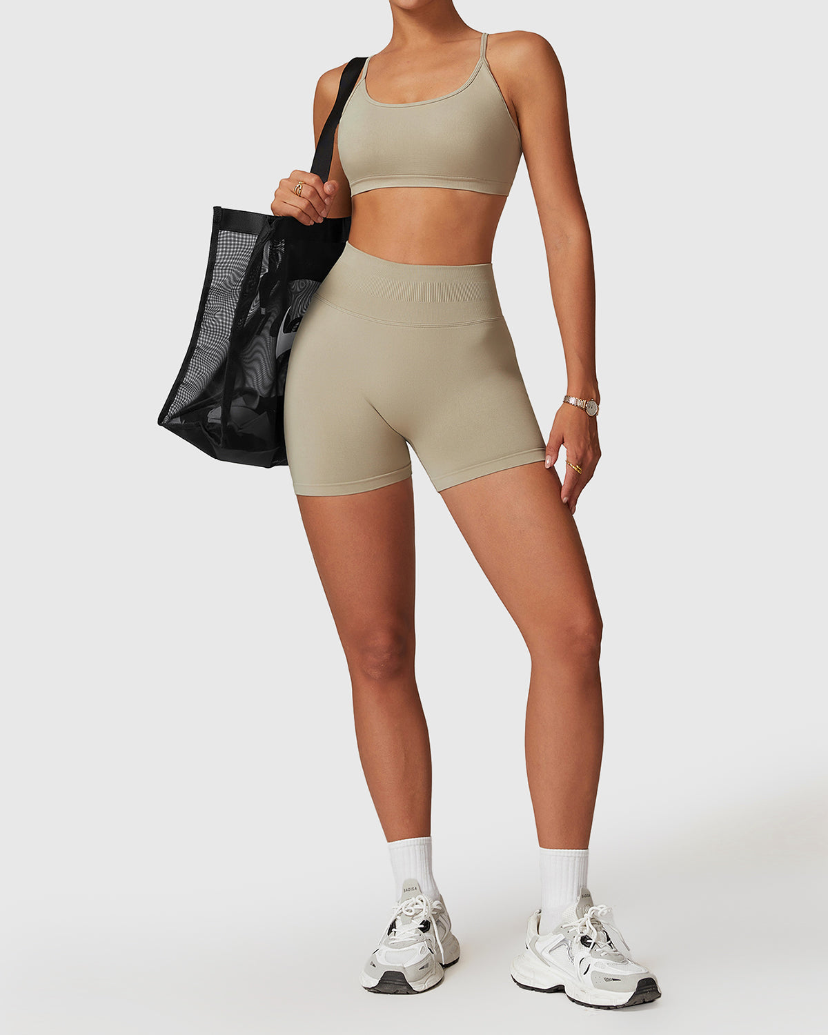 Ribbed Waistband Shorts - Strappy Scoop Neck Bra