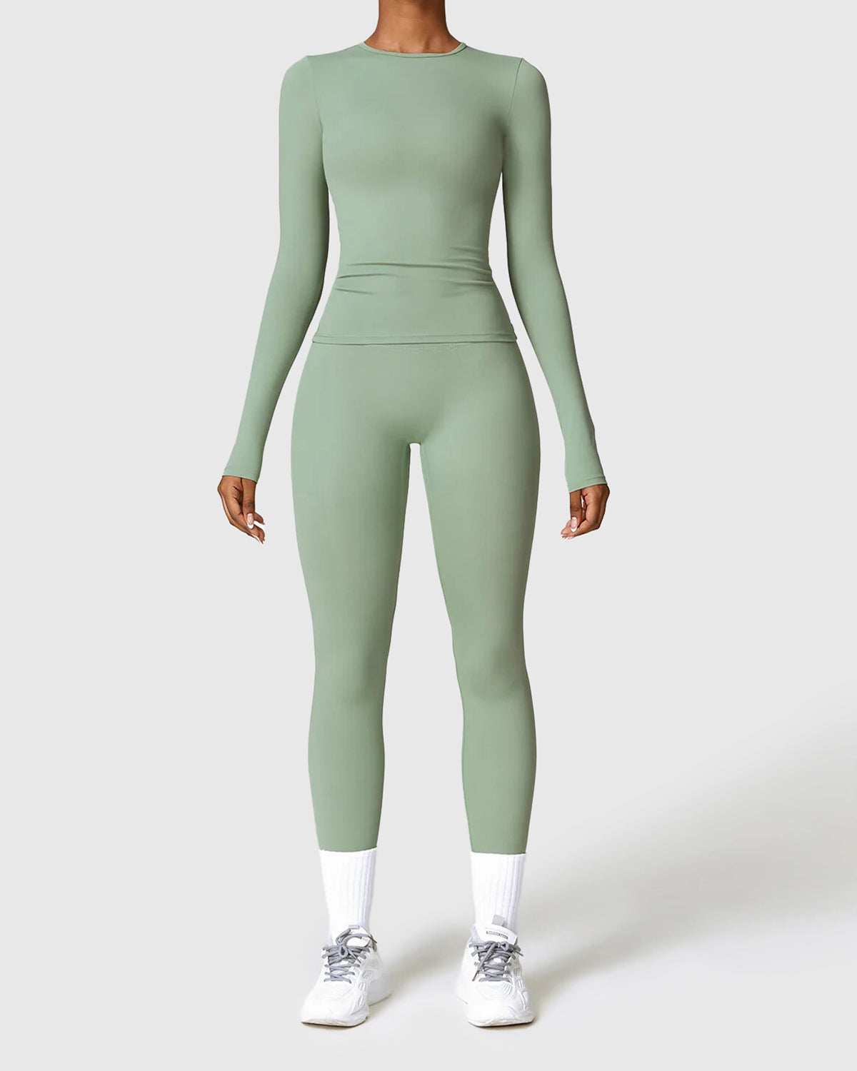 Basil Green Seamless Leggings & Long Sleeve Top 