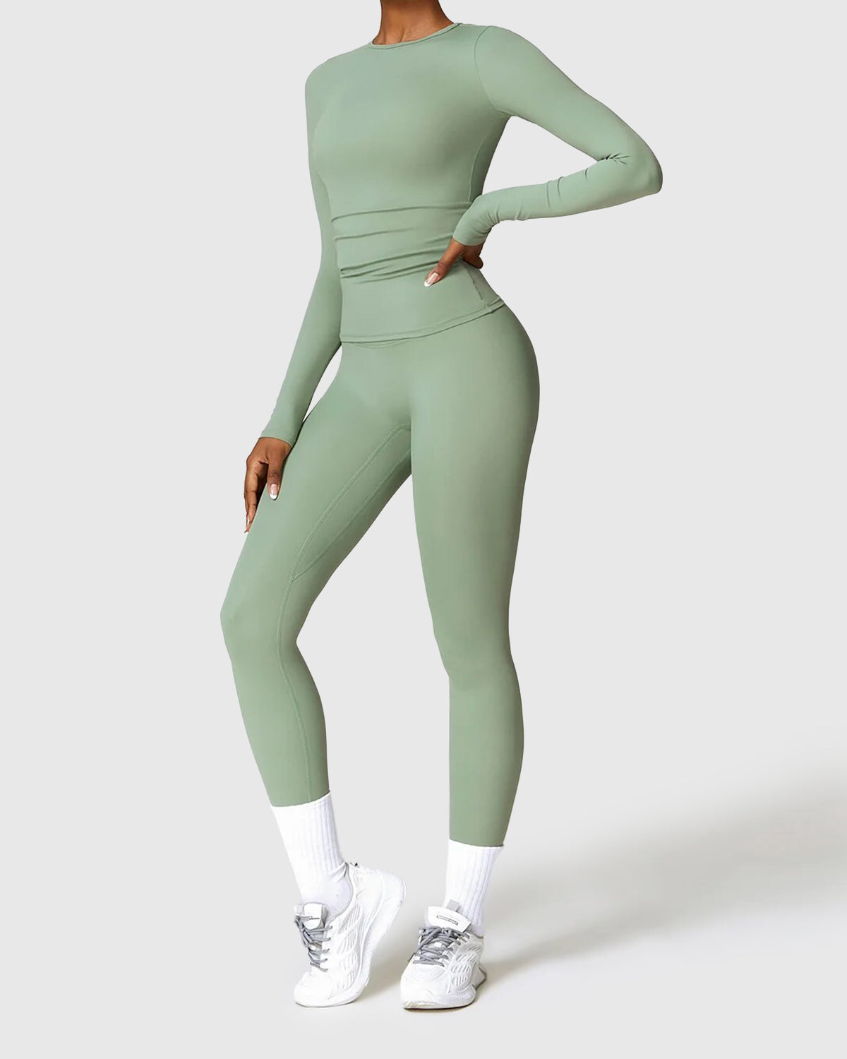 Light Green Seamless Leggings & Long Sleeve Top 