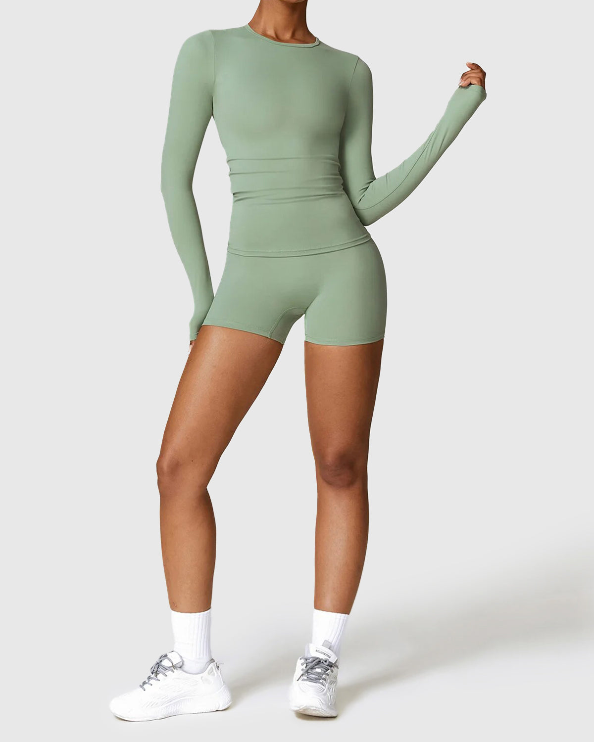 Light Green Seamless Shorts & Long Sleeve Top