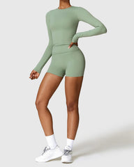 Basil Green Seamless Shorts & Long Sleeve Top